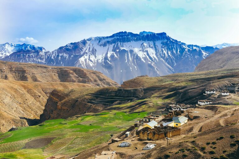 A panoramic view of Langza Village, Spiti Valley, showcasing its unique location and the surrounding mountains.